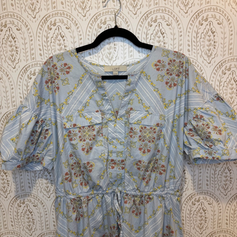 LOFT Blue Floral Midi Dress Puff Sleeves Drawstring Waist Size XL Ann Taylor - Picture 2 of 8